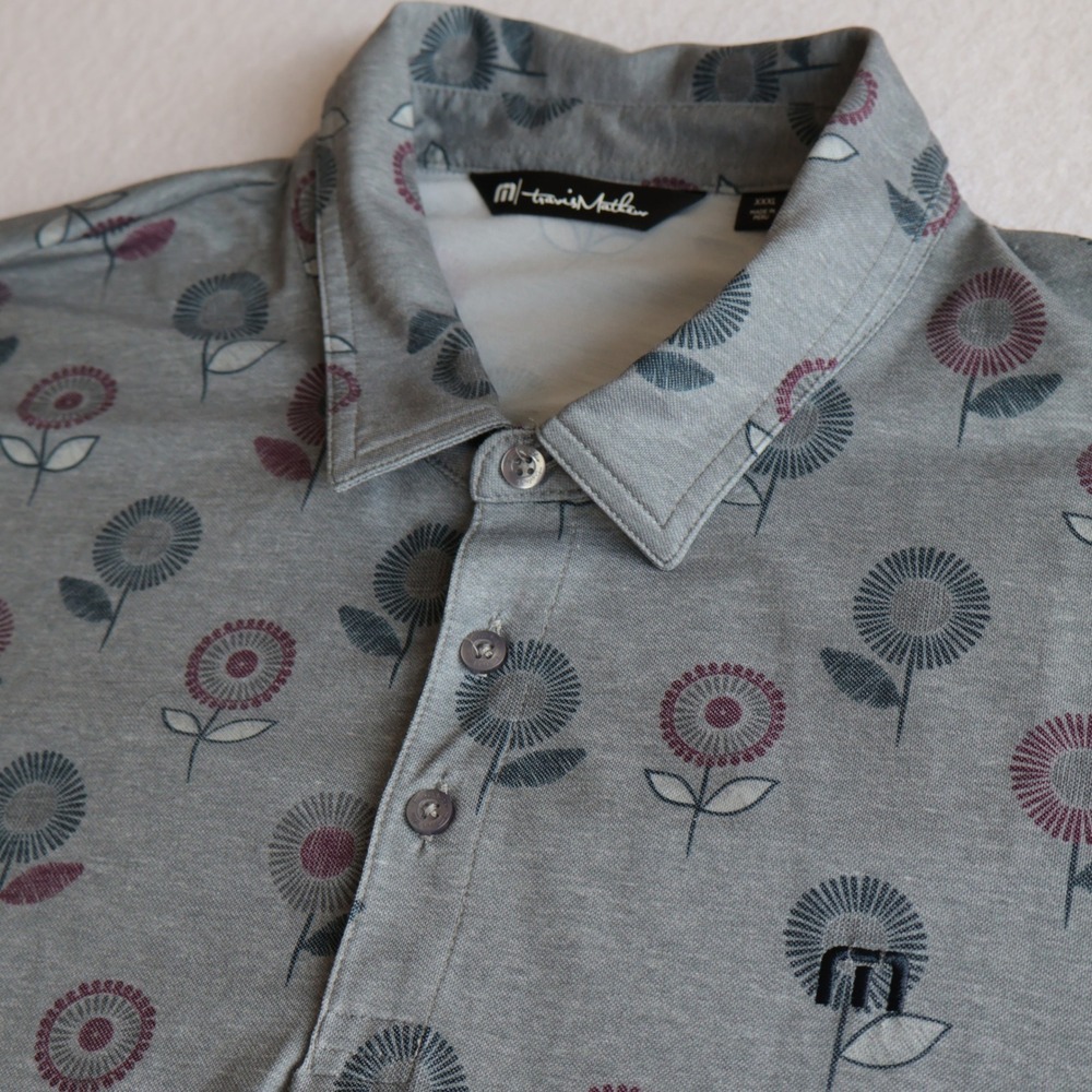 TravisMathew Mens XXXL Grey Floral Golf Polo Shirt Short Sleeve Stretch Logo